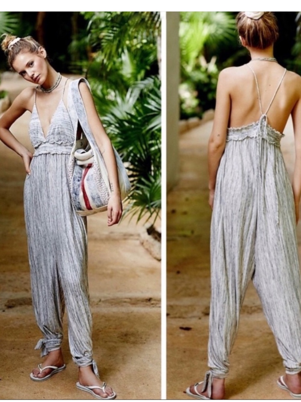 Free People Beach Malibu Harem Relaxed Jumpsuit Spacedye Grey White Heather - Picture 11 of 11